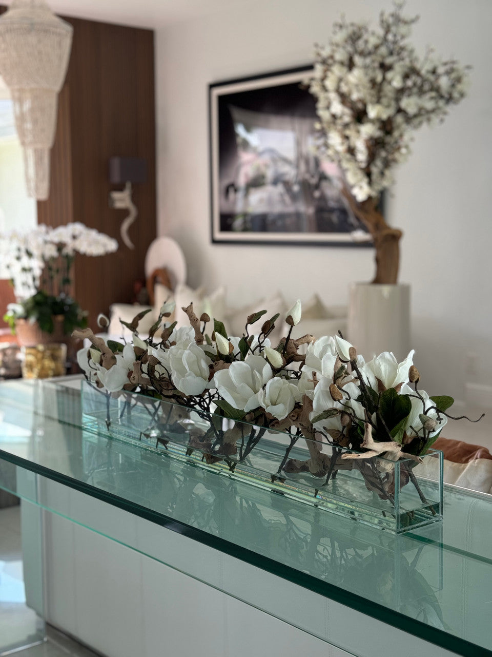 91 Cm Casa Moderna Pot Plateau en Verre avec Blanc Magnolias