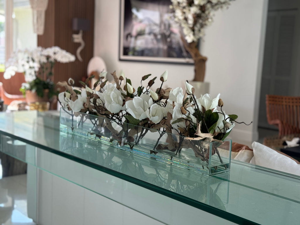 91 Cm Casa Moderna Pot Plateau en Verre avec Blanc Magnolias