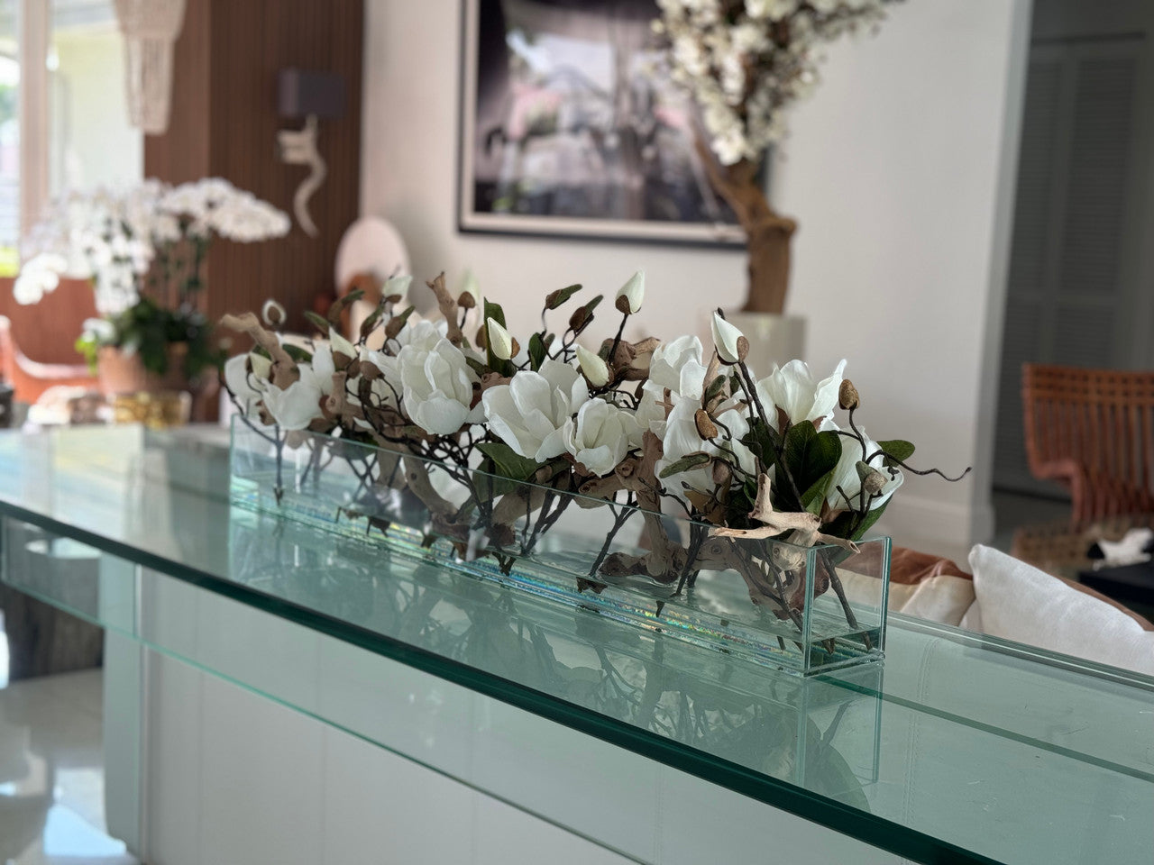 91 Cm Casa Moderna Pot Plateau en Verre avec Blanc Magnolias