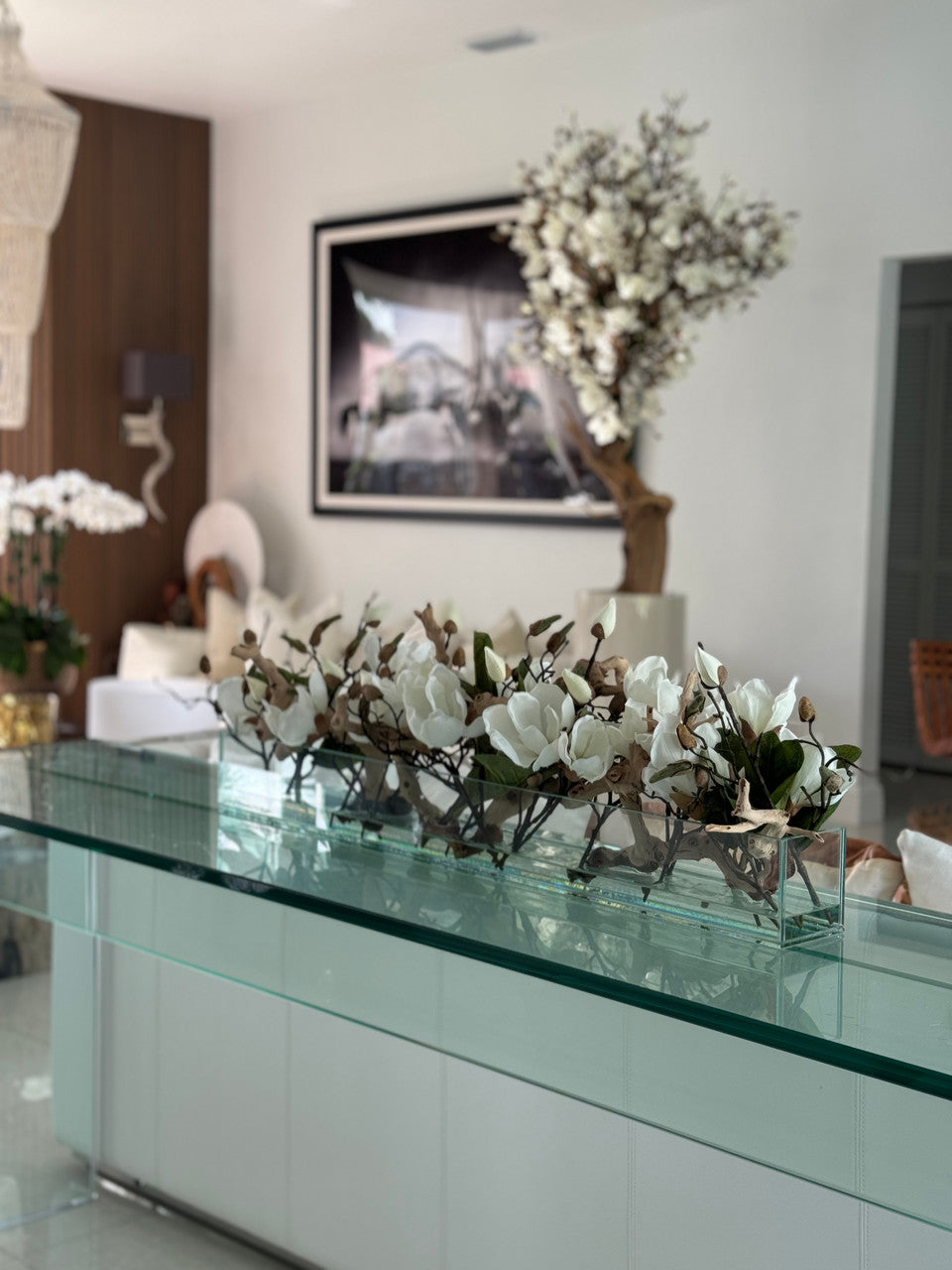 91 Cm Casa Moderna Pot Plateau en Verre avec Blanc Magnolias