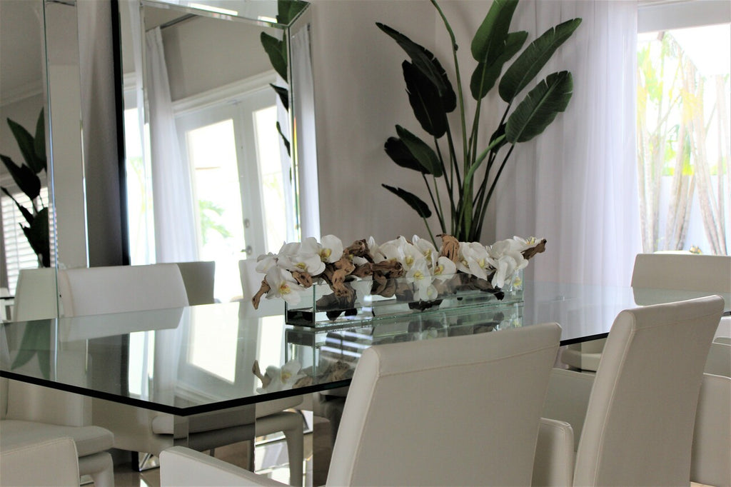 91 Cm Casa Moderna Pot Plateau en Verre avec Blanc Orchidées Phalaenopsis